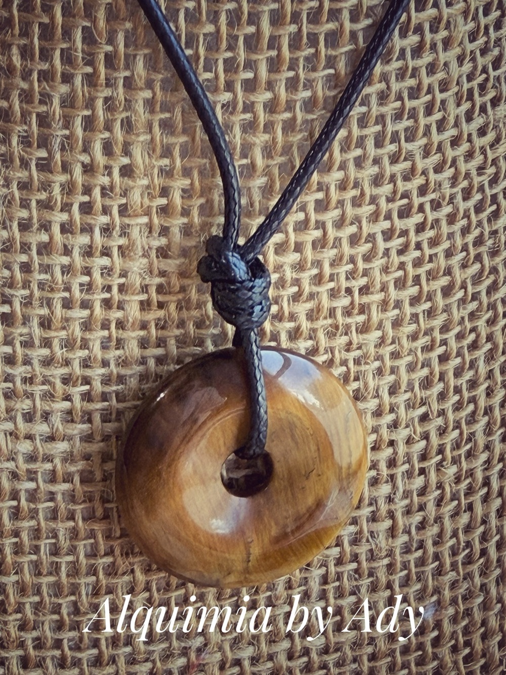 Alquimia Polished Tiger Eye Donut Necklace with Black Cord